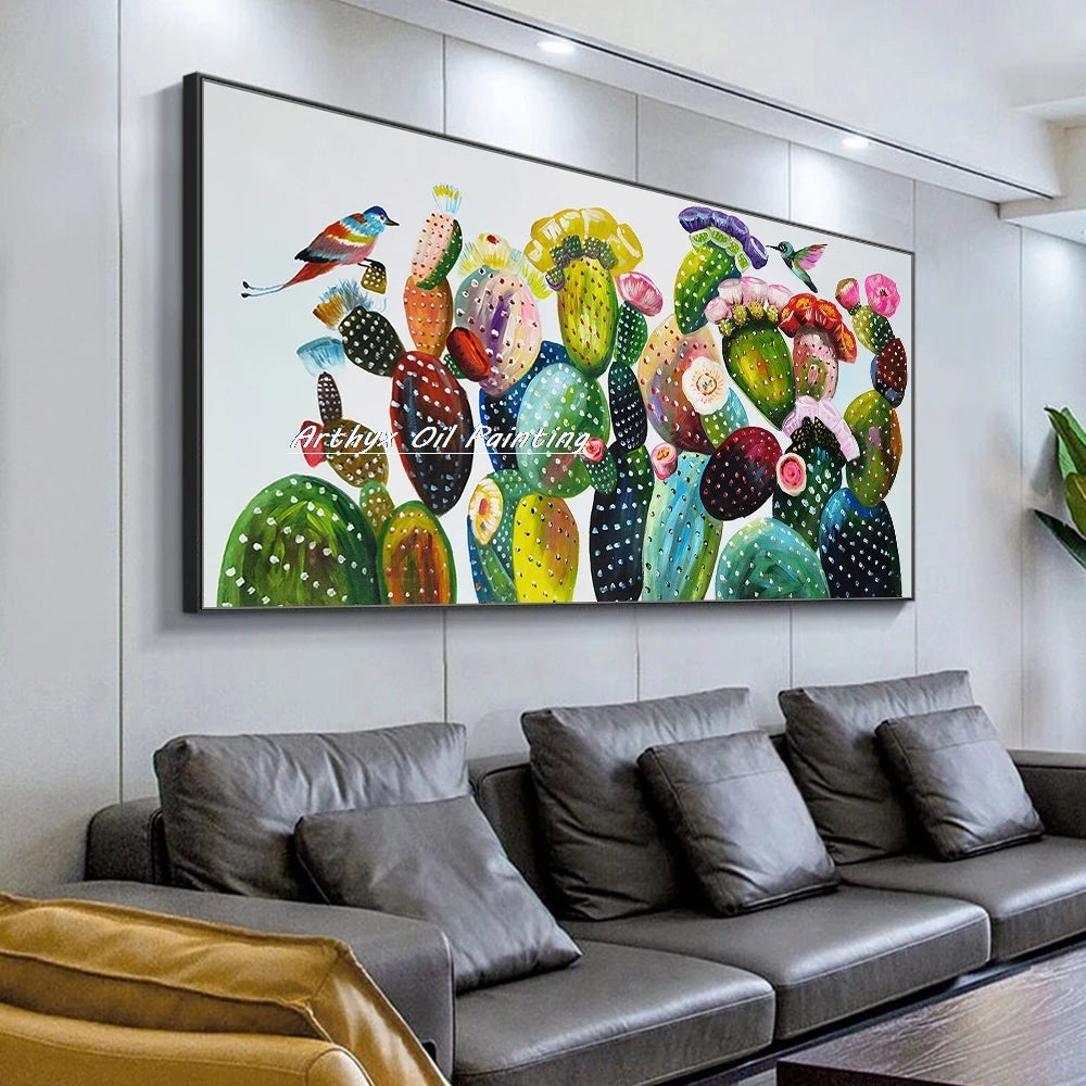 Arthyx, pintura al óleo de flores de cactus pintada a mano sobre lienzo, decoración moderna para el hogar, cuadro abstracto grande para pared, decoración para sala de estar(paquete SWITCH IN ART completo)