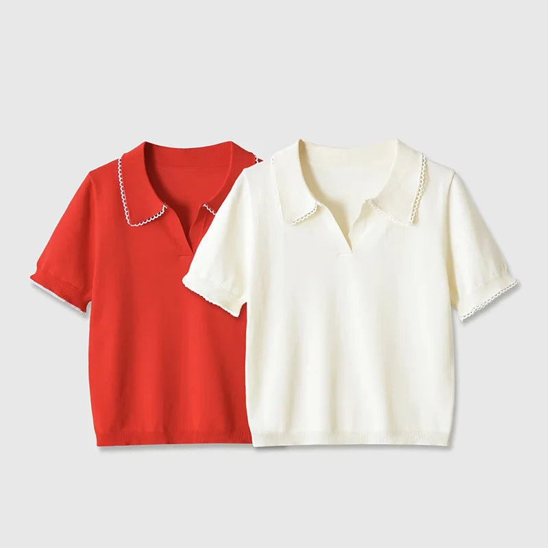 Blusa Polo Elegante para Mujer – Detalles de Encaje y Estilo Casual Chica