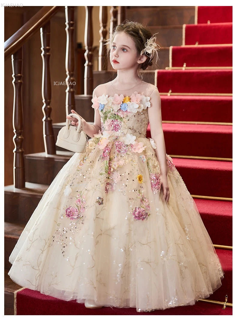 Vestido de fiesta de estilo francés para niñas con flores para el pequeño presentador Piano Recital flor niña boda niños vestido de desfile vestidos