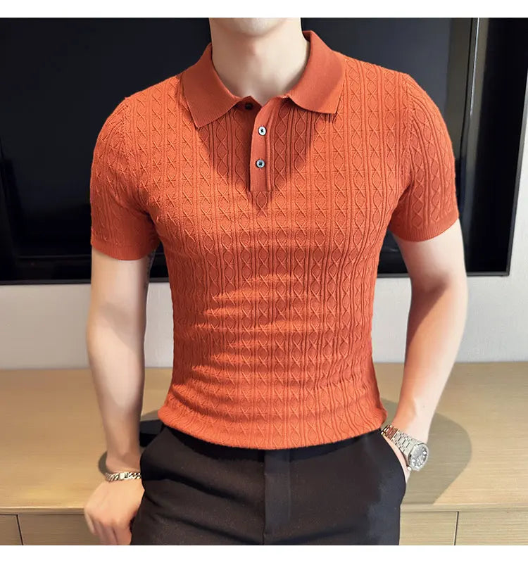 Polo de manga corta de punto Jacquard para hombre, camiseta de Golf con solapa de moda, ajustada, nueva