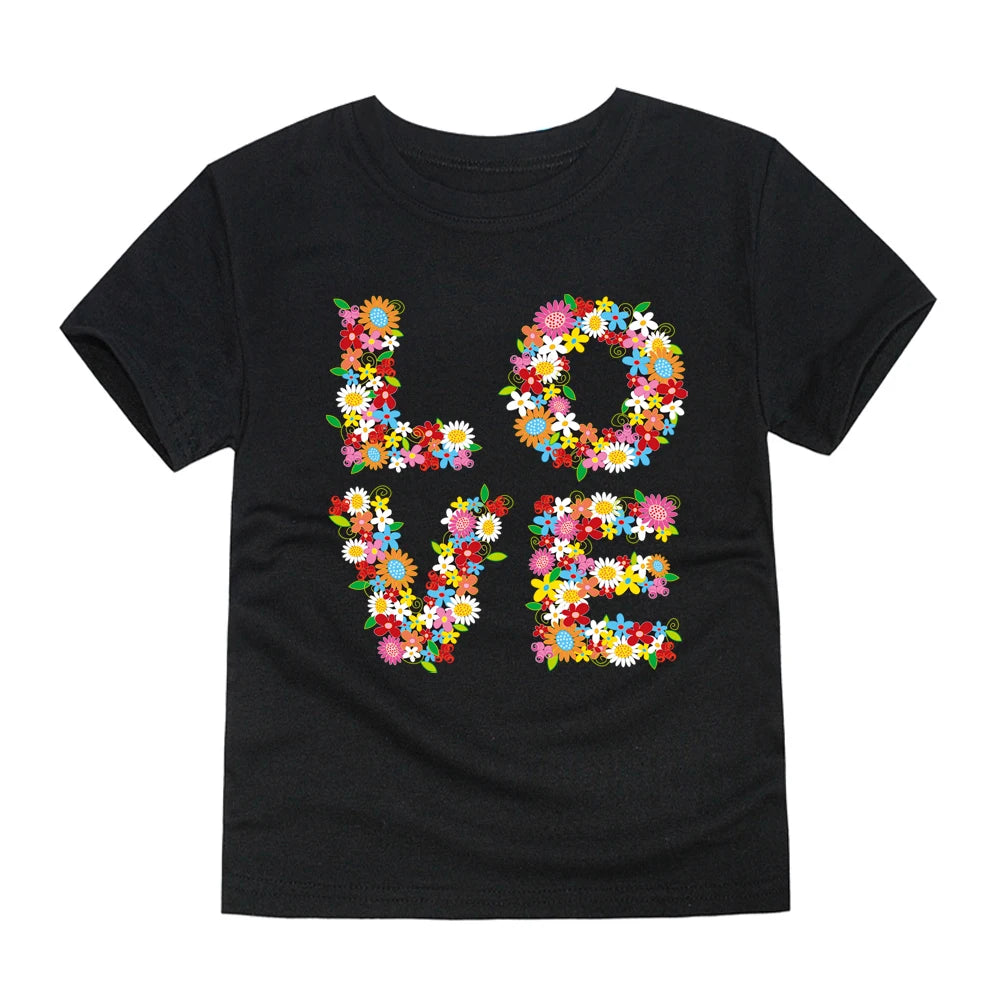 Camiseta de manga corta de algodón transpirable para niños, con estampado de letras de flores de verano, moderna y bonita