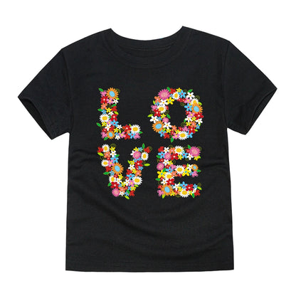 Camiseta de manga corta de algodón transpirable para niños, con estampado de letras de flores de verano, moderna y bonita