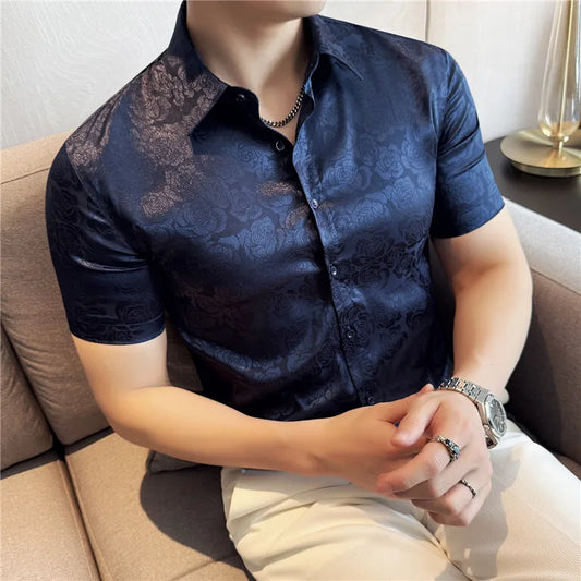 Camisa de Jacquard brillante de alta calidad para hombre, camisas informales finas de manga corta de verano, camisa diaria Social de negocios transpirable delgada