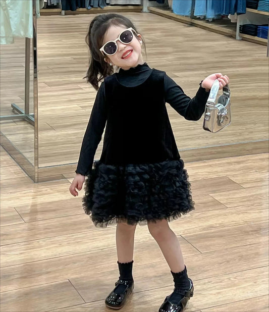 Vestido Coreano para Niñas, Primavera-Otoño 2026, Nuevo Vestido Negro de Malla con Capas, Sin Mangas, Vestido de Princesa Esponjoso para Niña Pequeña