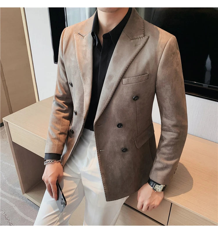 Chaqueta de ante con botones de doble botonadura para hombre, traje de negocios informal, ropa de calle Social, otoño e invierno, 2023