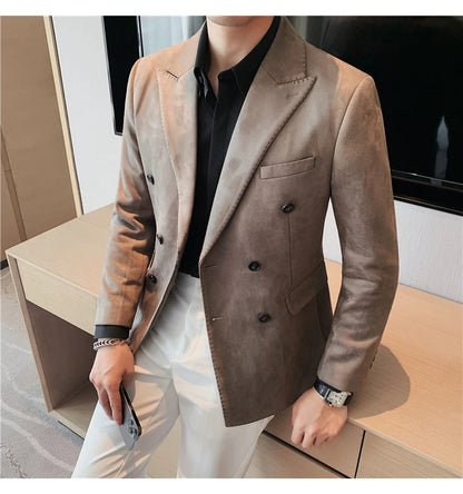 Chaqueta de ante con botones de doble botonadura para hombre, traje de negocios informal, ropa de calle Social, otoño e invierno, 2023