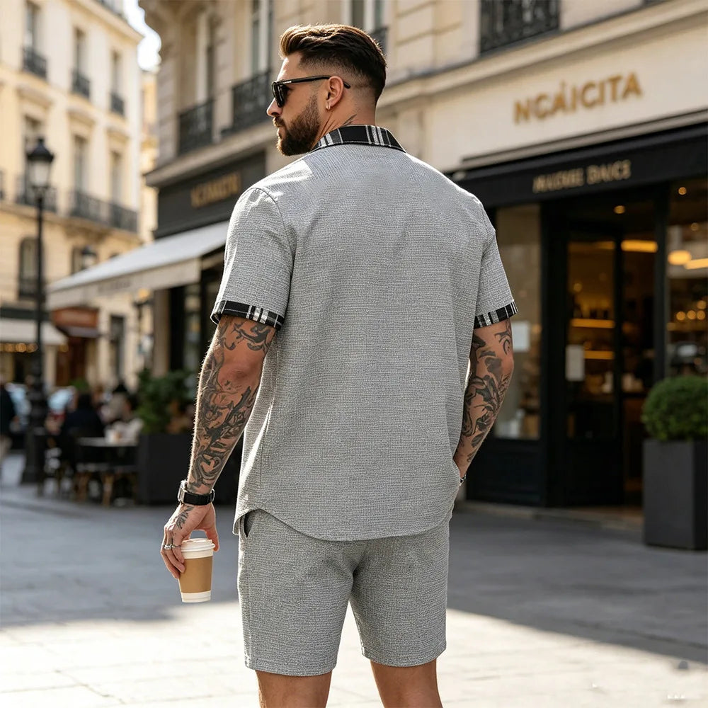 Nuevo conjunto de verano Waffle, camisa y pantalones cortos a cuadros para hombre, conjunto informal de dos piezas F156D