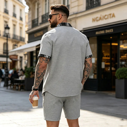 Nuevo conjunto de verano Waffle, camisa y pantalones cortos a cuadros para hombre, conjunto informal de dos piezas F156D