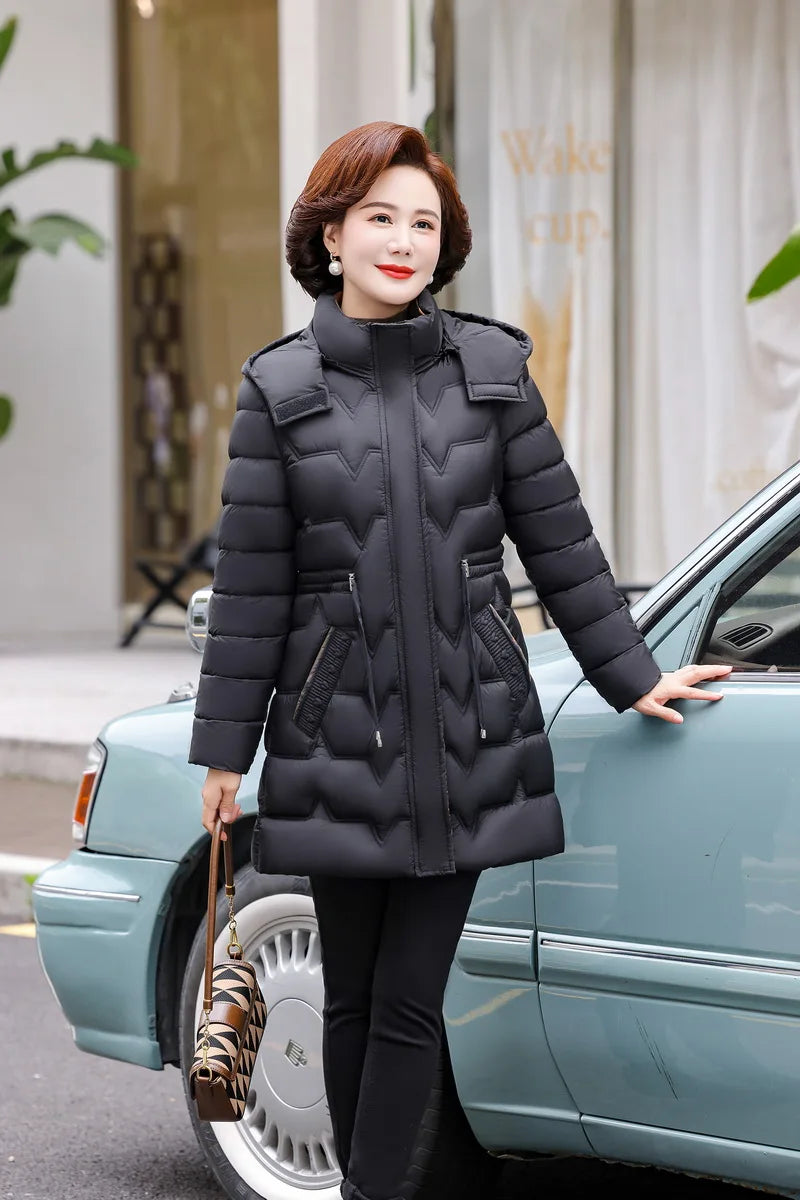 Chaqueta Larga de Algodón Grueso para Mujer, Acolchada, Ajustada, con Cintura Ajustable, Manga Larga, Cierre de Cremallera