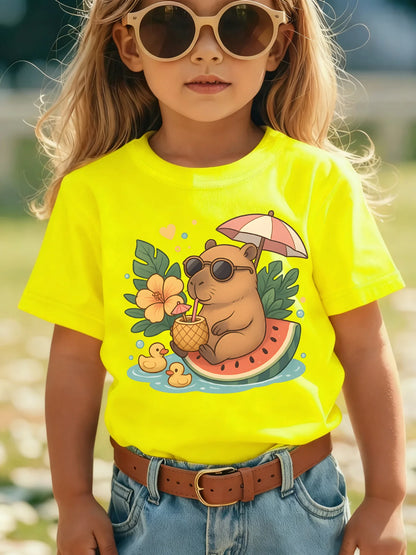 Camiseta para niños, camiseta de algodón morada para niñas, camiseta informal de manga corta con estampado de Capibara, ropa para niños, camiseta para niñas