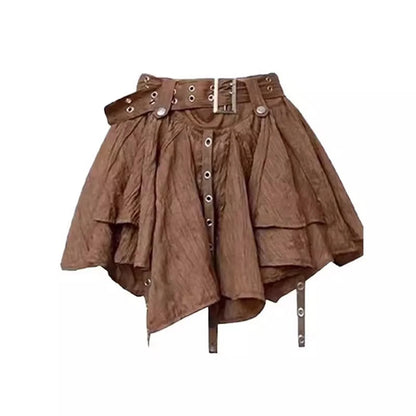 Minifalda plisada irregular de cintura alta con lazo, estilo western posapocalíptico, a cuadros marrones, para mujer, verano ...