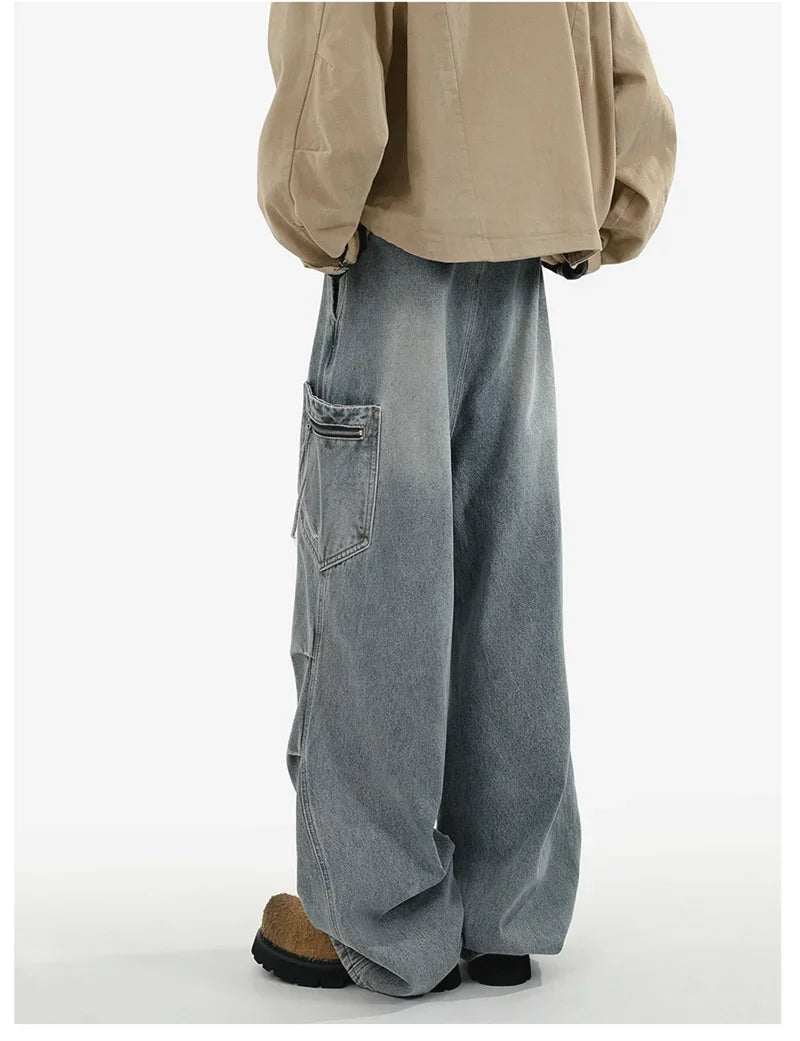 Pantalones vaqueros Cargo plisados de calle alta de otoño para Hombre, Pantalones vaqueros rectos de pierna ancha con bolsillo, moda Hip Hop Y2K, Vaqueros holgados