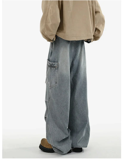 Pantalones vaqueros Cargo plisados de calle alta de otoño para Hombre, Pantalones vaqueros rectos de pierna ancha con bolsillo, moda Hip Hop Y2K, Vaqueros holgados