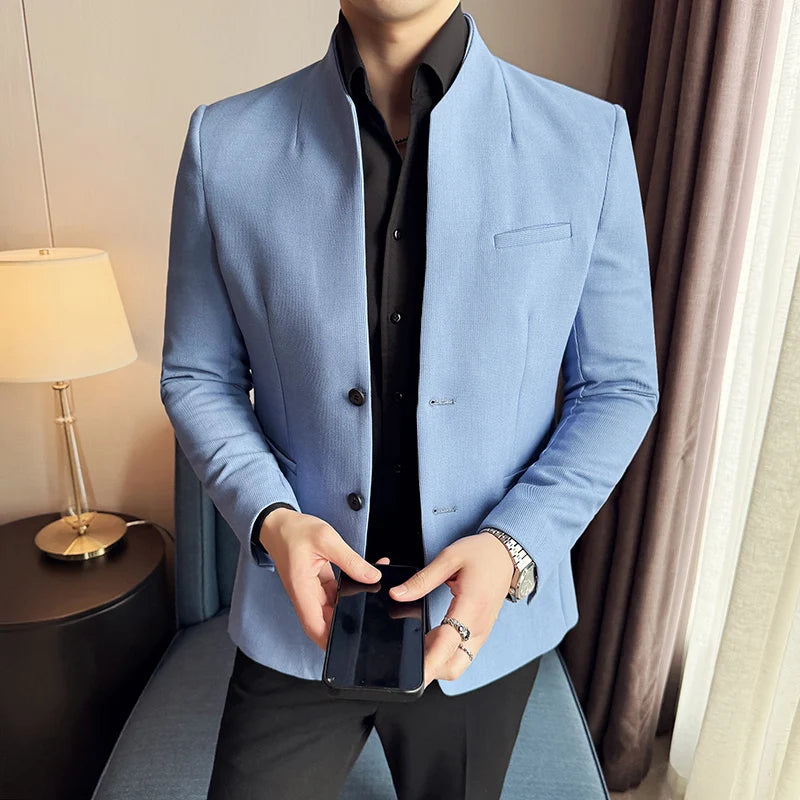 Chaqueta de traje con cuello levantado de alta calidad para hombre, chaquetas de negocios informales, abrigo coreano con gofres para boda, novio, banquete, vestido de fiesta, 2025