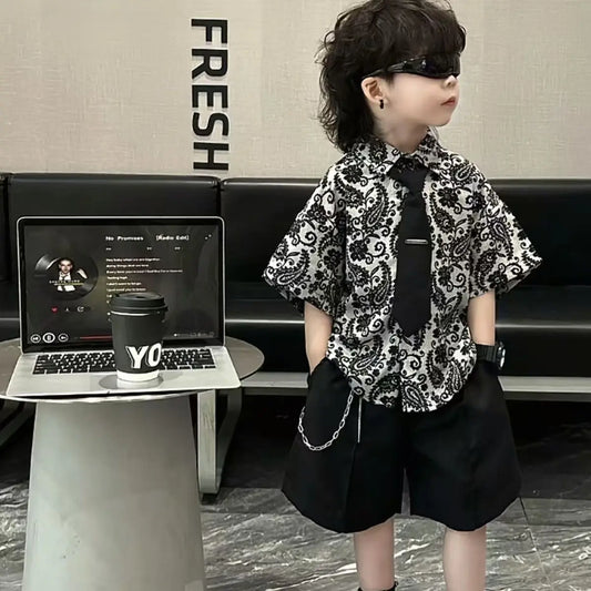 Conjunto de Verano 2026 para Niños, Camisa Floral de Manga Corta + Corbata + Pantalones Cortos Negros hasta la Rodilla, 3 Piezas, 2-10 Años, Ropa Casual Infantil