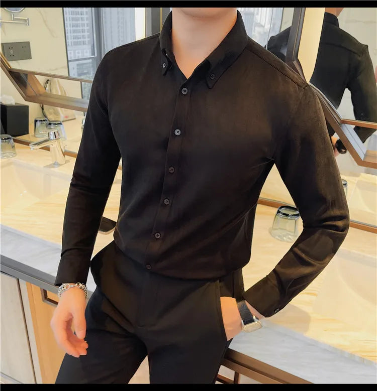 Camisa de ante de alta calidad para hombre, camisas de negocios informales de manga larga para otoño e invierno, blusa de esmoquin para fiesta Social, ropa para hombre 2023