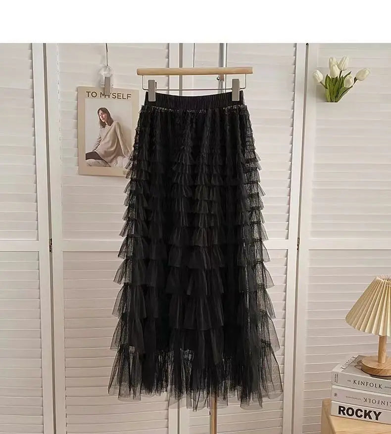 Falda larga de tul de talla grande para mujer, cintura alta, estilo A, con capas, elegante, para 200 libras, estilo coreano, ...