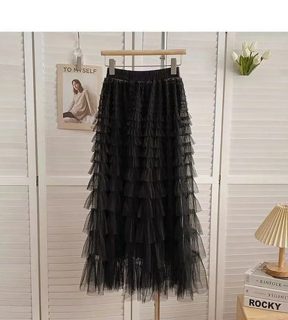 Falda larga de tul de talla grande para mujer, cintura alta, estilo A, con capas, elegante, para 200 libras, estilo coreano, ...