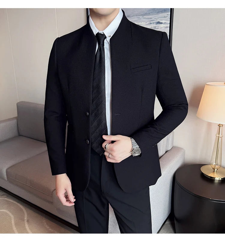 Chaqueta de traje con cuello levantado de alta calidad para hombre, chaquetas de negocios informales, abrigo coreano con gofres para boda, novio, banquete, vestido de fiesta, 2025