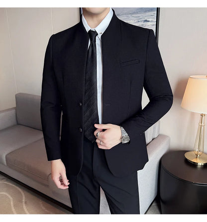 Chaqueta de traje con cuello levantado de alta calidad para hombre, chaquetas de negocios informales, abrigo coreano con gofres para boda, novio, banquete, vestido de fiesta, 2025