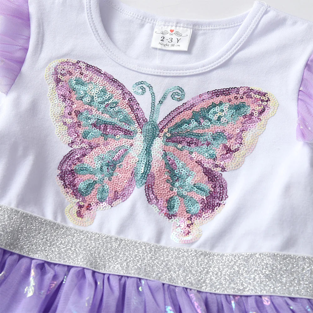 VIKITA niñas mariposa vestido elegante con lentejuelas niños otoño primavera púrpura gradiente malla tul princesa fiesta actuación vestido de graduación
