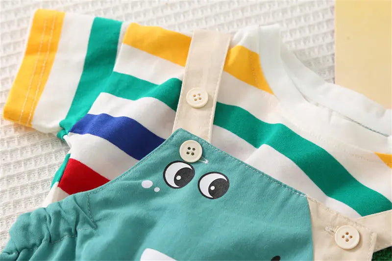 Ropa de verano para niños, ropa de moda para niños pequeños, ropa de arcoíris, camiseta, pantalones con pechera de dinosaurio de dibujos animados, 2 unids/set, traje para niños