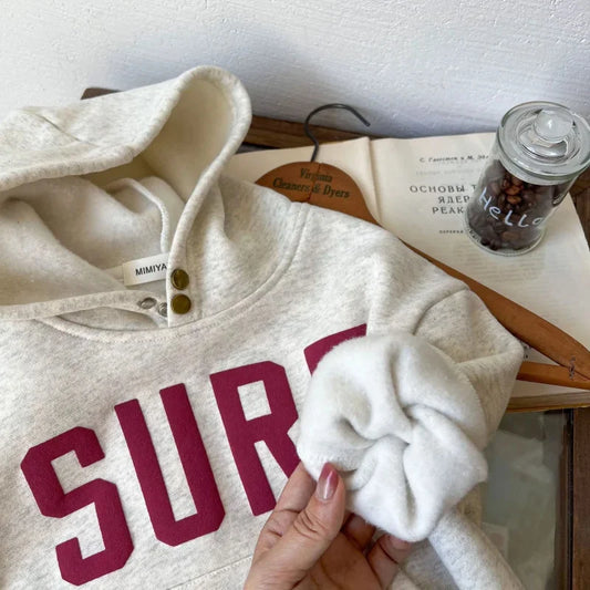Sudadera holgada de estilo coreano con estampado de letras para bebé recién nacido, sudaderas con capucha de lana de manga larga para invierno, sudadera infantil para niños y niñas