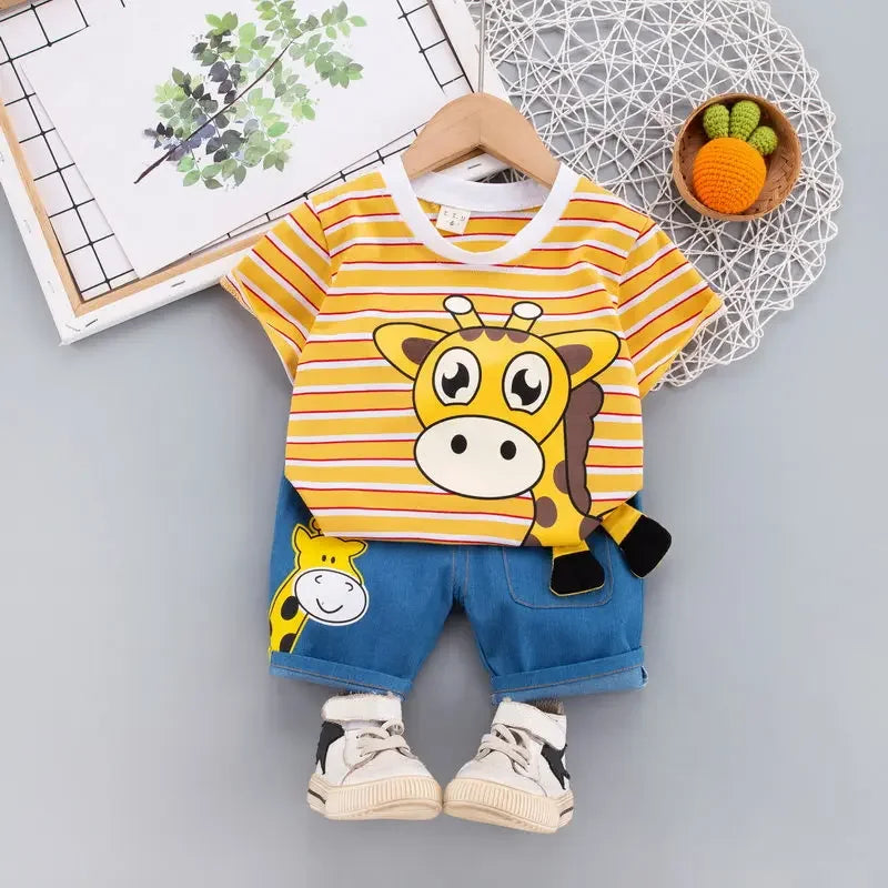 Ropa de verano para niños, camiseta de dibujos animados, pantalones cortos, 2 unids/set, trajes deportivos de ocio para niños pequeños, chándales de algodón para bebés de 0 a 5 años