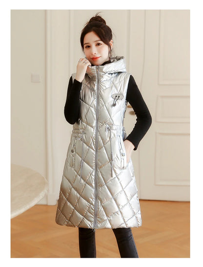 Chaleco de algodón con capucha para mujer, ajustado, de longitud media, sin lavado, superficie brillante, a la moda, versátil...