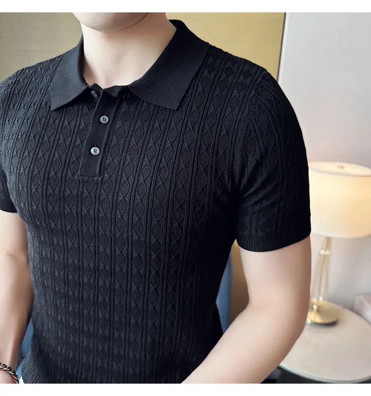 Polo de manga corta de punto Jacquard para hombre, camiseta de Golf con solapa de moda, ajustada, nueva