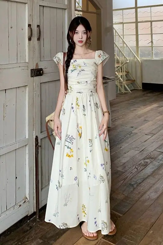 Vestido largo con estampado floral de verano, cuello cuadrado, manga acampanada, para vacaciones en la playa, estilo francés,...