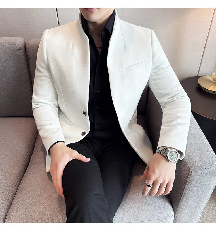 Chaqueta de traje con cuello levantado de alta calidad para hombre, chaquetas de negocios informales, abrigo coreano con gofres para boda, novio, banquete, vestido de fiesta, 2025