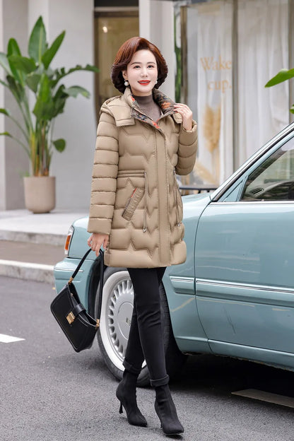 Chaqueta Larga de Algodón Grueso para Mujer, Acolchada, Ajustada, con Cintura Ajustable, Manga Larga, Cierre de Cremallera