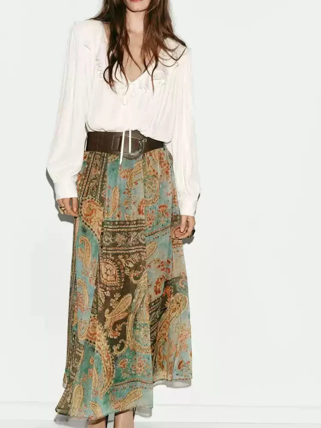 Falda Midi de Gasa con Estampado Retro Dulce y Moderno para Mujer, Estilo Veraniego, Diseño Holgado en la Cintura, Corte en A...