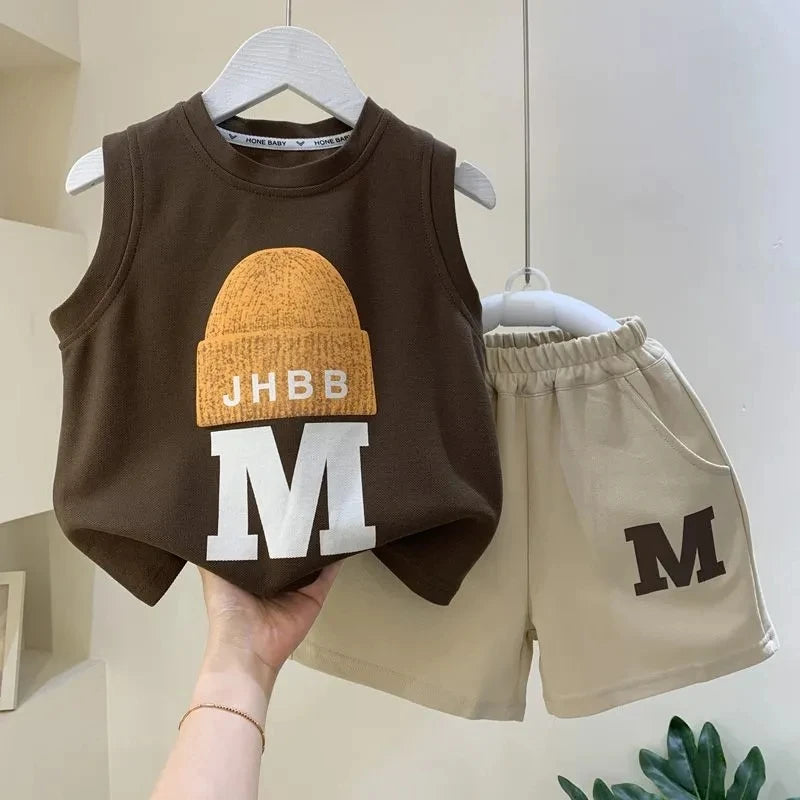 Children's Clothing Set Summer 2024 New Fashionable Boys and Baby Sleeveless T-shirt and Shorts 2-piece Set Kids Outfits