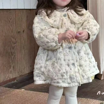 Abrigo Grueso de Algodón Estilo Coreano para Niñas, Otoño e Invierno, Estilo Campestre, Versátil, con Cuadros y Flores