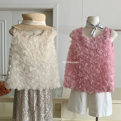 Chaleco sin mangas de estilo coreano con rosas para mujer, chaleco informal liso y dulce para vacaciones, Tops elegantes con cuello redondo a la moda para verano, novedad