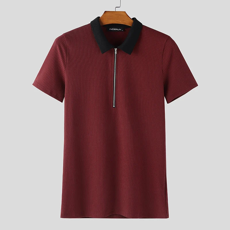 INCERUN-Camisa de punto para hombre, con solapa de retales, manga corta, cremallera, ropa para hombre, Tops, ropa de calle de verano, Camisas de moda con bloques de color