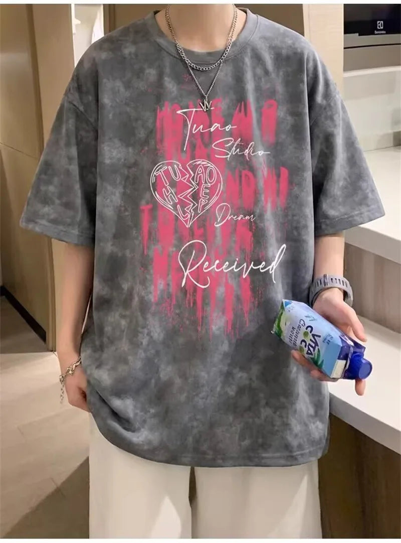 Camisetas de Verano 2026 para Hombre con Estampado Tie-Dye y Gráficos de Graffiti, Camisetas Oversize Juveniles con Estampado de Letras, Tops de Moda Urbana con Contraste de Color
