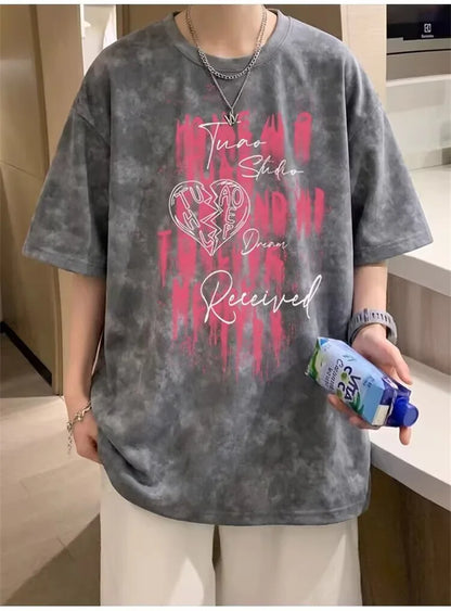 Camisetas de Verano 2026 para Hombre con Estampado Tie-Dye y Gráficos de Graffiti, Camisetas Oversize Juveniles con Estampado de Letras, Tops de Moda Urbana con Contraste de Color