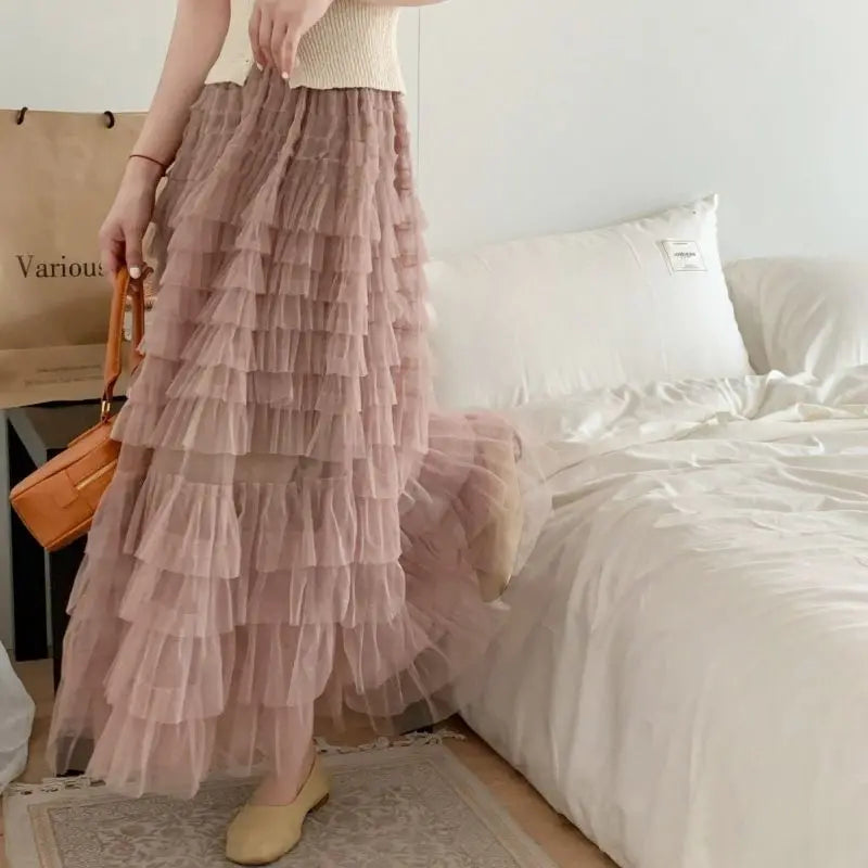 Falda larga de tul de talla grande para mujer, cintura alta, estilo A, con capas, elegante, para 200 libras, estilo coreano, ...