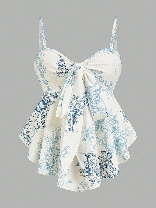 Camiseta elegante para mujer, tela estampada a rayas, cuello con lazo y cintura con lazo frontal, camisola sin mangas ajustada. Versátil para primavera y verano