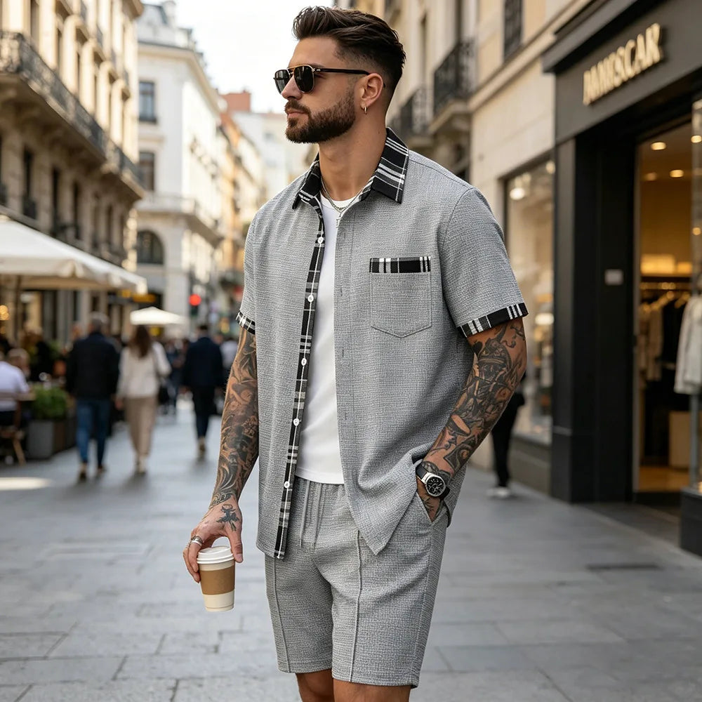 Nuevo conjunto de verano Waffle, camisa y pantalones cortos a cuadros para hombre, conjunto informal de dos piezas F156D