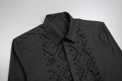 Camisa de lujo hecha a mano con cuentas para hombre, camisas de vestir informales ajustadas de manga larga para negocios, fiesta Social, banquete, escenario, estrella, ropa para hombre