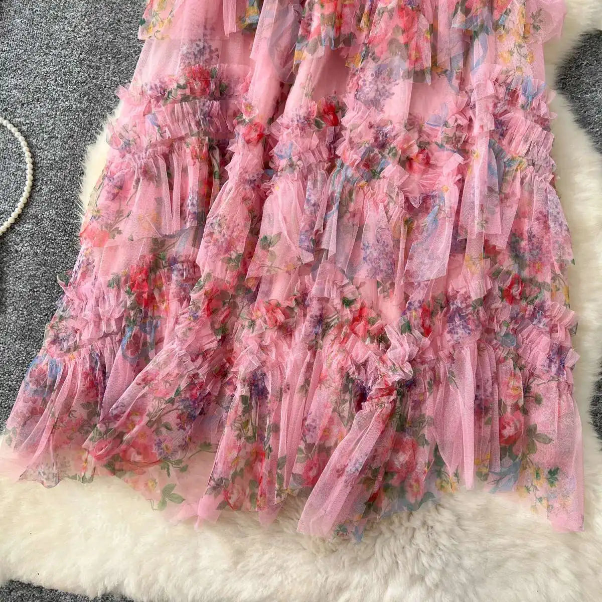 Falda Midi de Malla con Estampado Floral de Cintura Alta Estilo Coreano para Mujer, Falda Hada Abullonada de Fibra de Poliést...