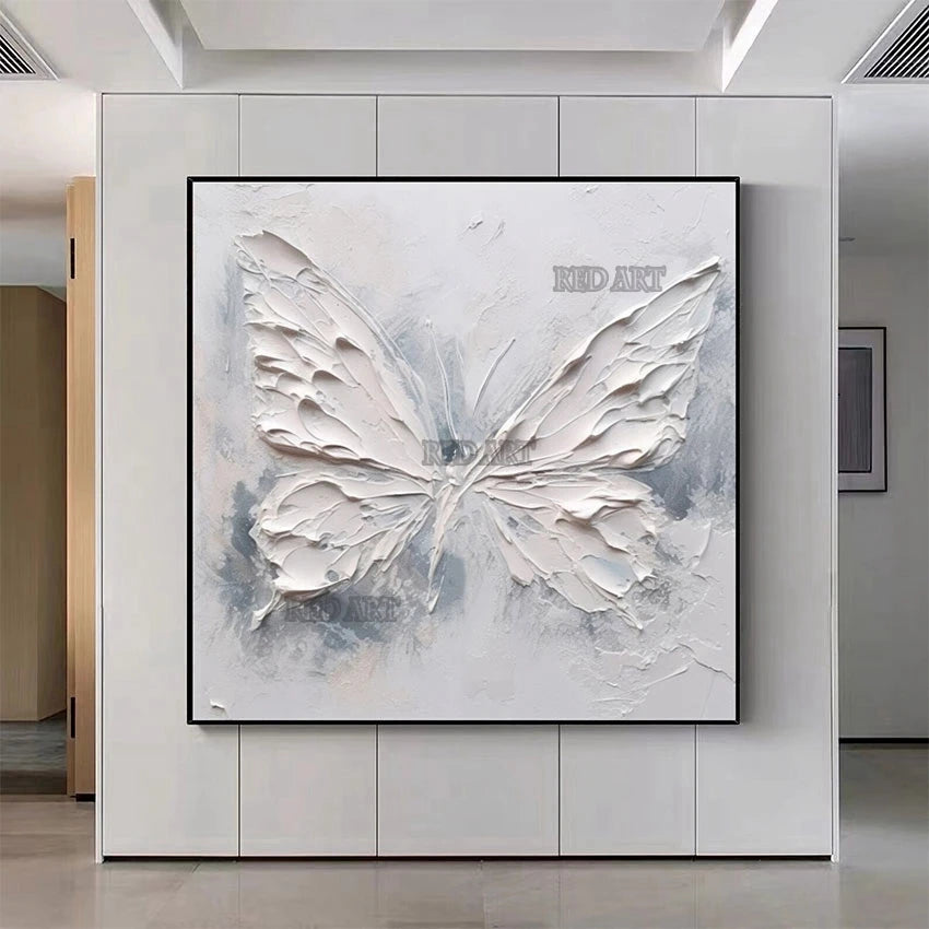 Cuchillo, espesor de textura, cuadro de mariposa acrílico blanco, pintura, lienzo moderno, arte de pared, Panel artesanal hecho a mano