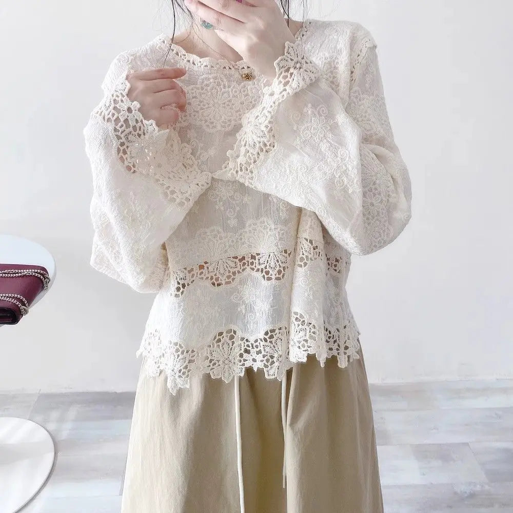Blusas de algodón de primavera para mujer, camisas elegantes de manga larga caladas con encaje de ganchillo