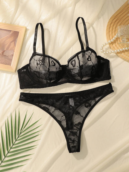 Conjunto de sujetador con aros de encaje negro para mujer, lencería Sexy de realce sin relleno, bragas de Bikini a juego