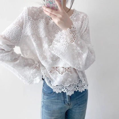 Blusas de algodón de primavera para mujer, camisas elegantes de manga larga caladas con encaje de ganchillo