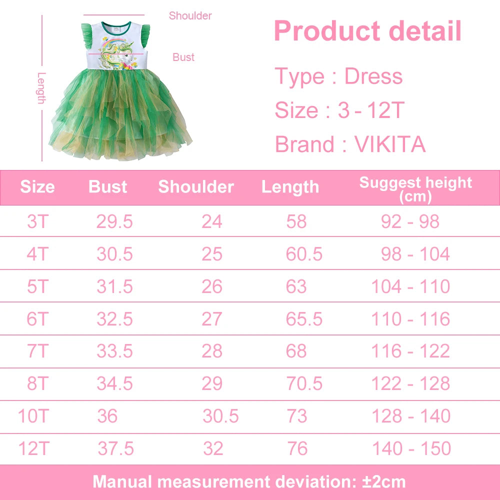 Vestido de manga acampanada para niña, vestidos de tutú irregulares de malla de tul verde para niño, vestido de Parry para Festival de vacaciones de princesa unicornio brillante